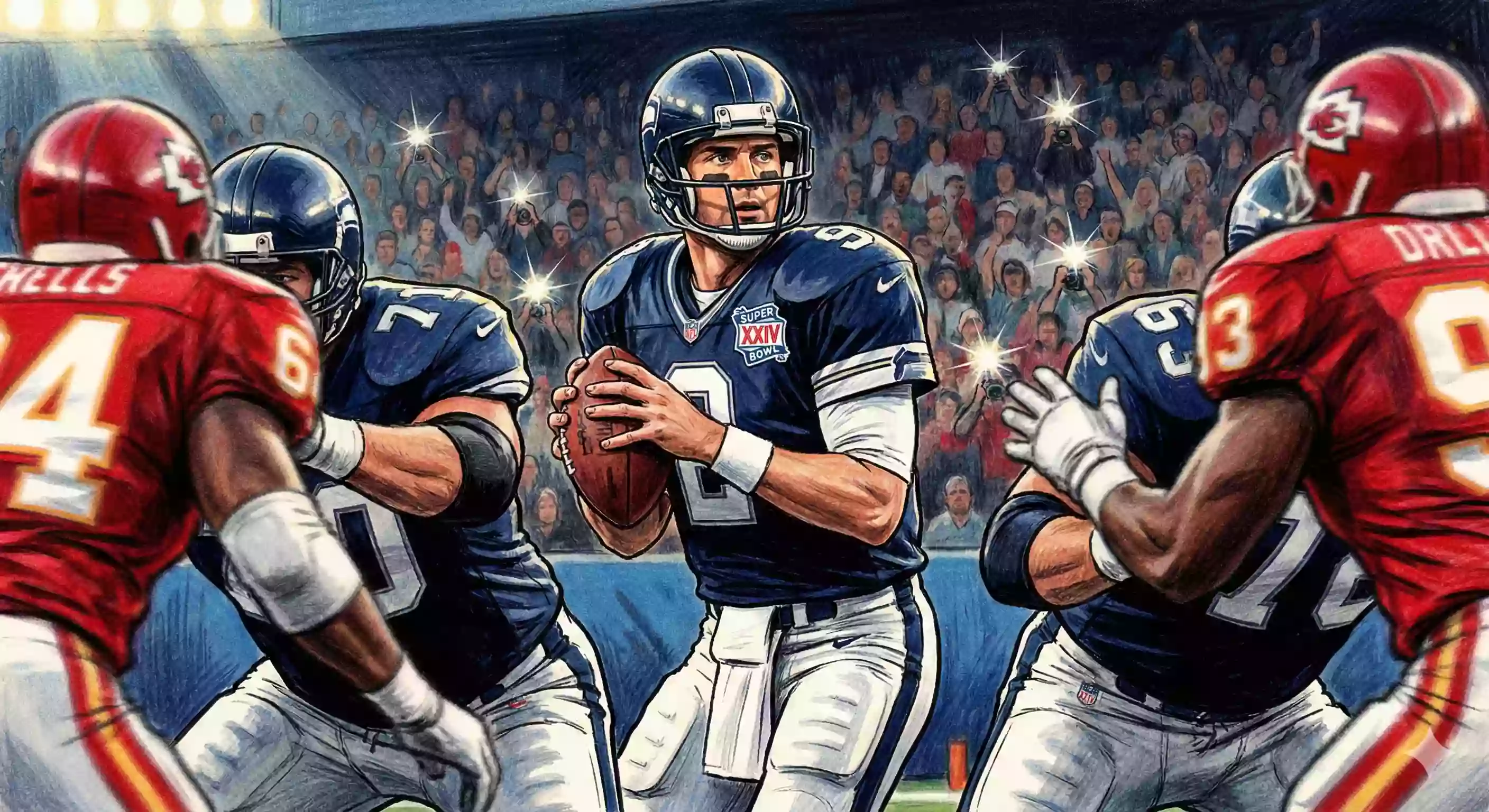 An illustration of a classic NFL quarterback dropping back to pass in the Super Bowl