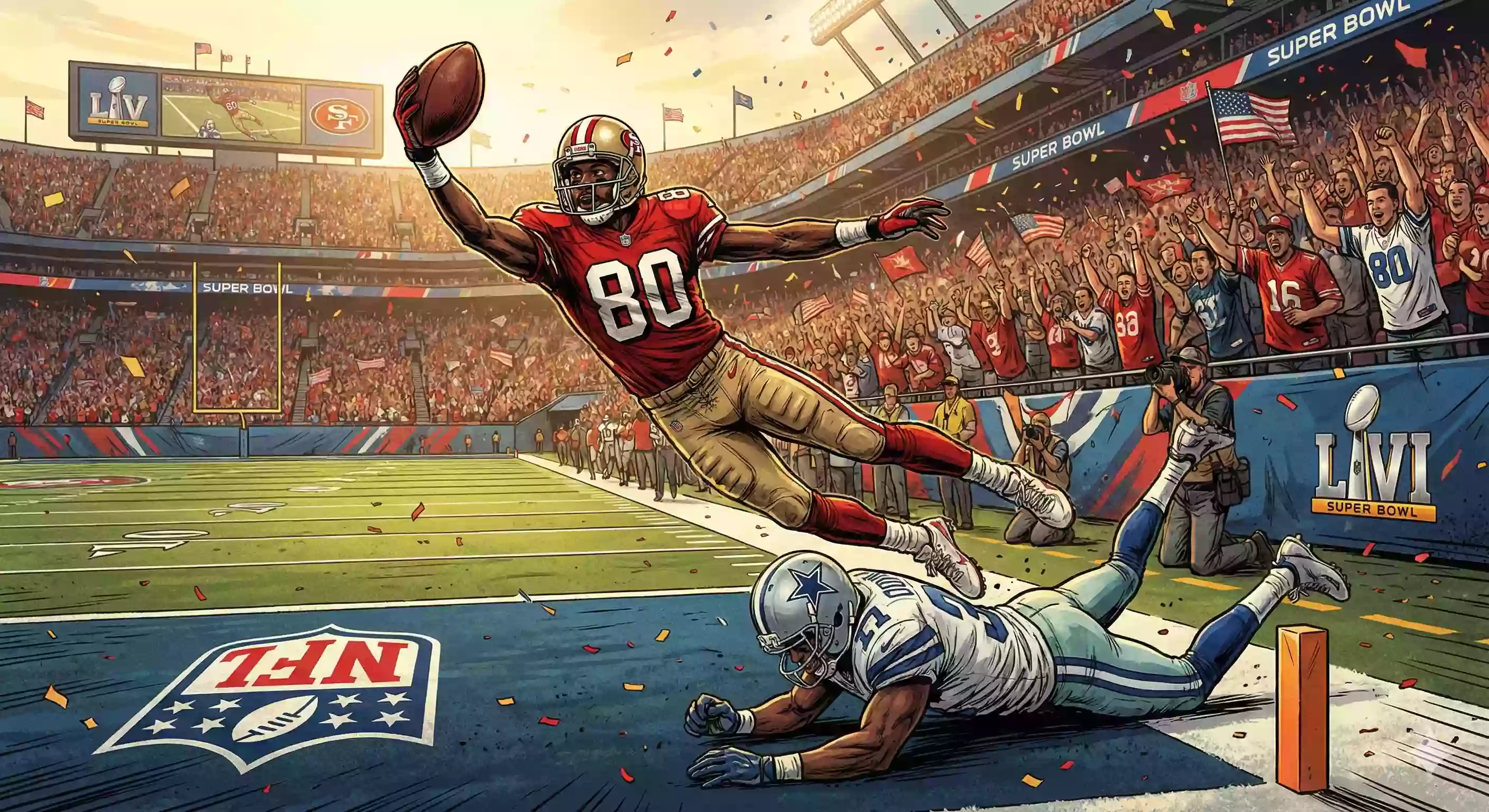 A wide receiver making an acrobatic catch in the corner of the endzone during the Super Bowl