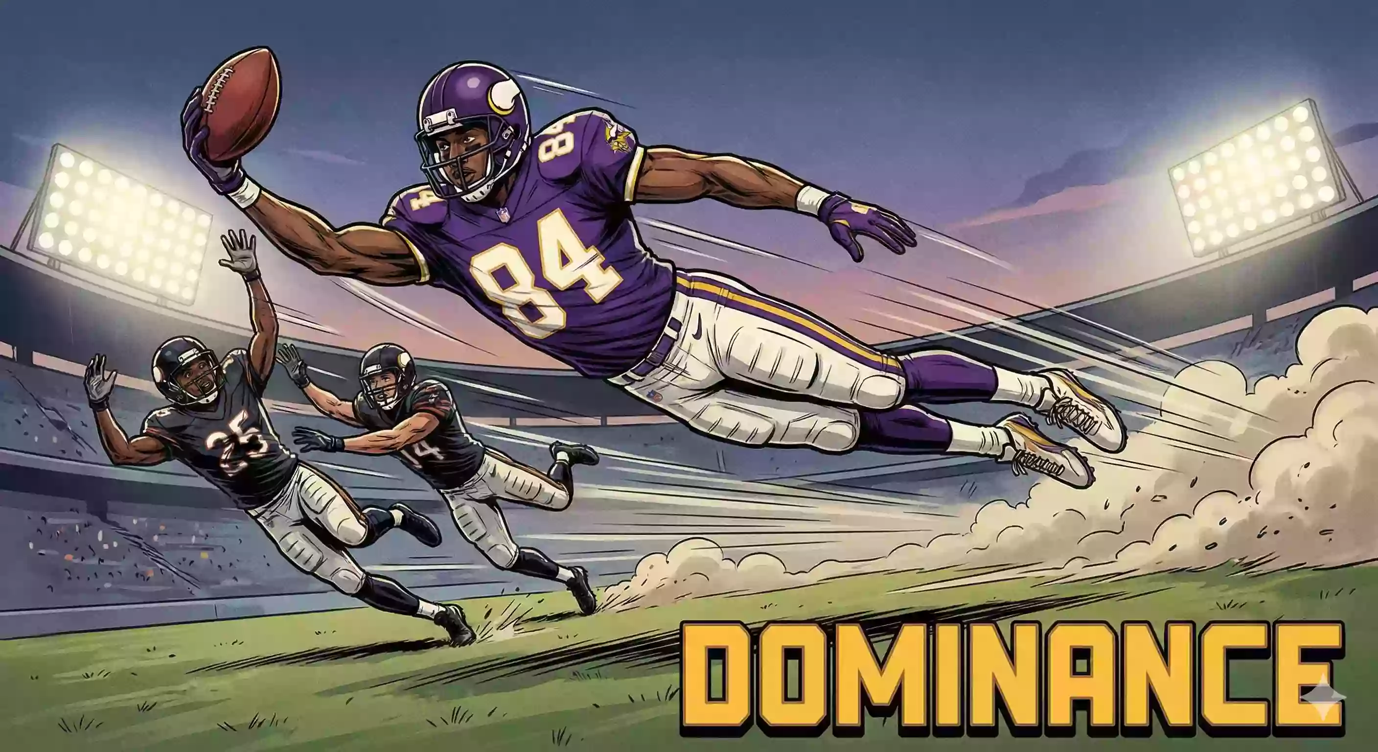 An incredibly athletic wide receiver leaping over two defenders to catch a deep pass