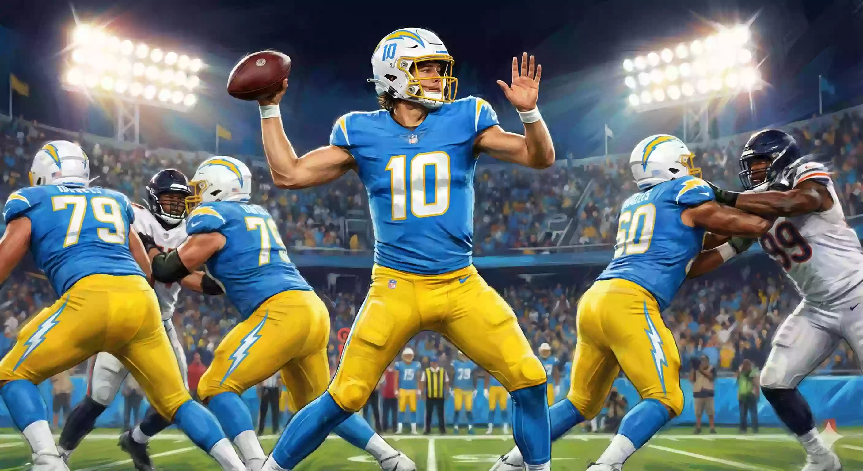 An illustration of a rookie quarterback stepping up in the pocket to deliver a deep pass under pressure