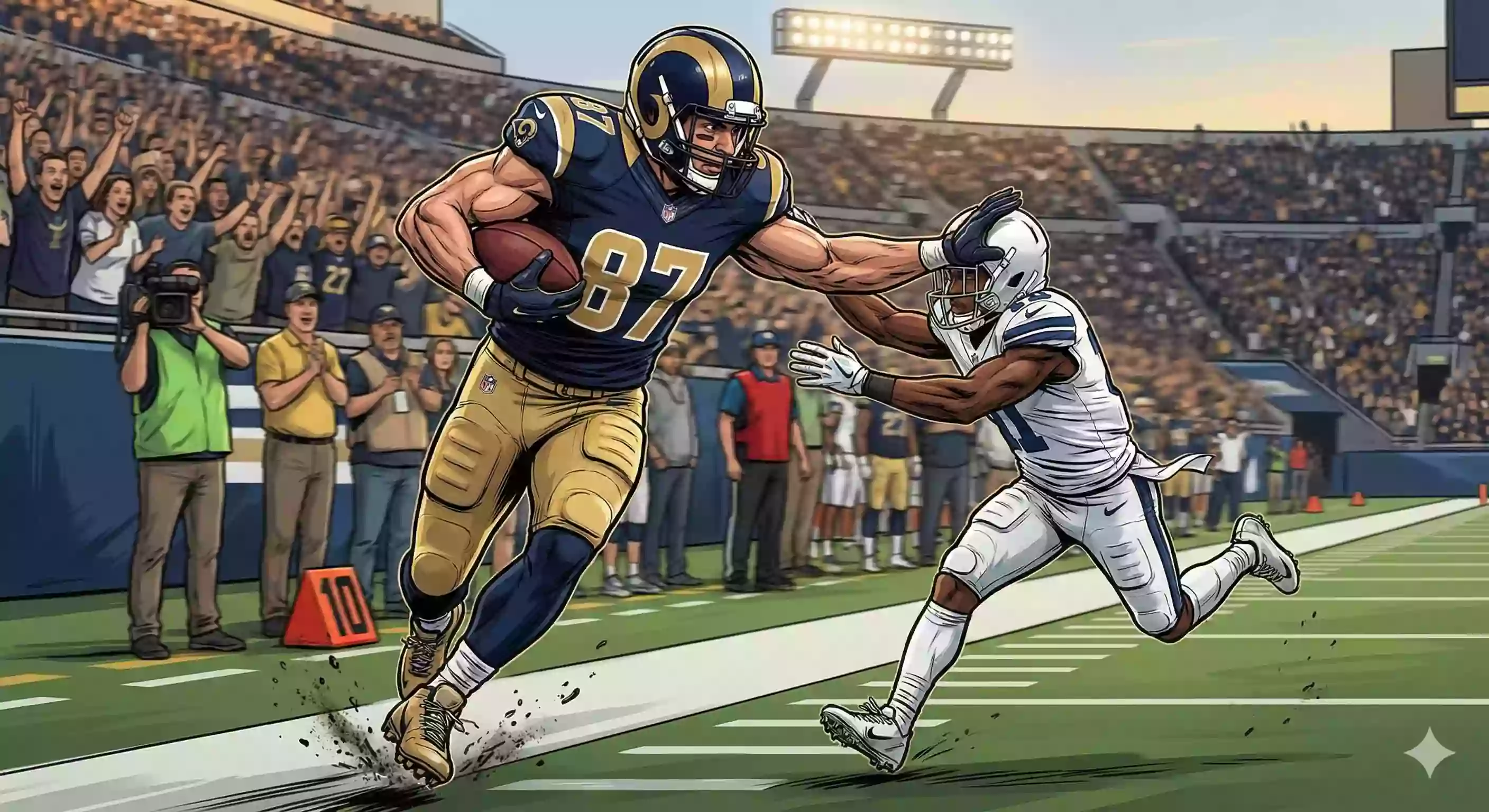 A powerful modern tight end breaking a tackle from a defensive back and running down the sideline