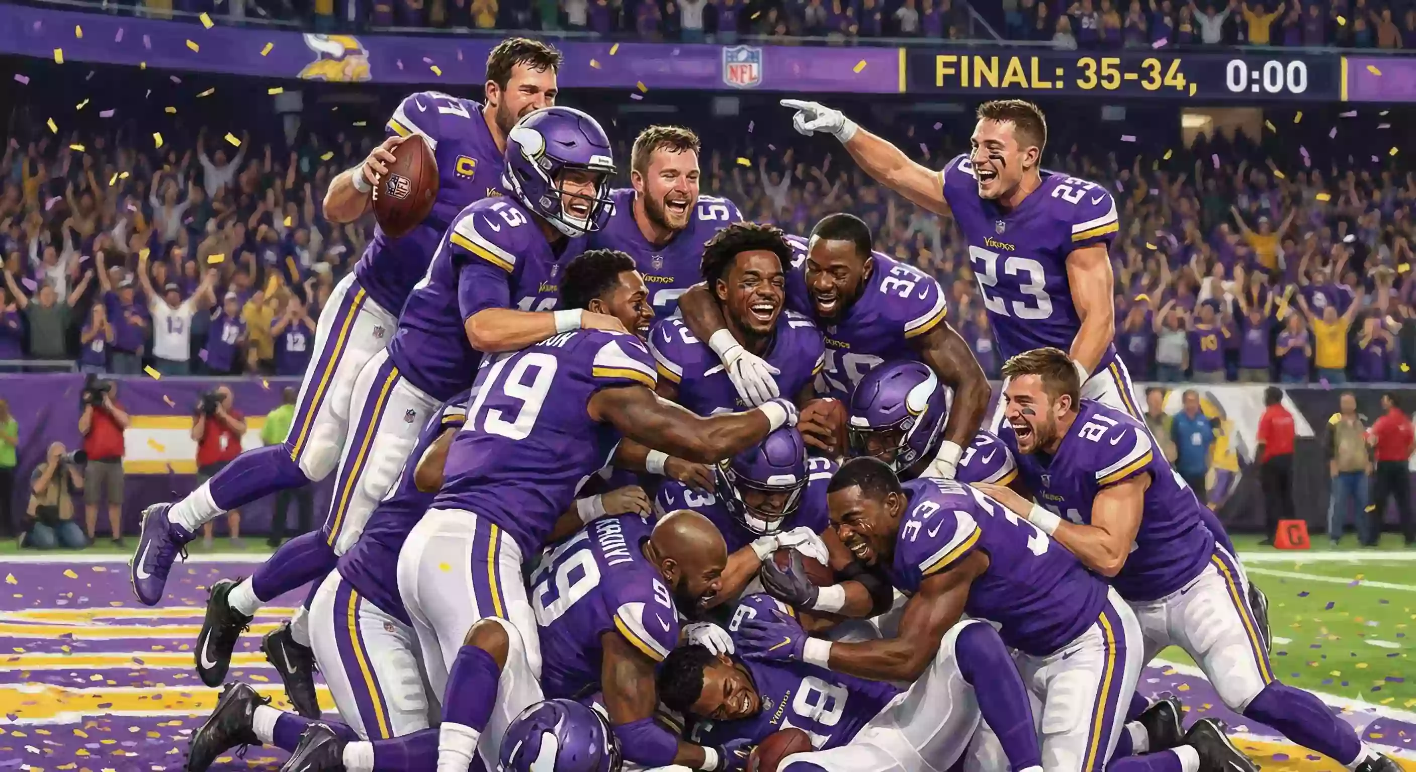 Players celebrating wildly in the endzone after completing an impossible comeback win