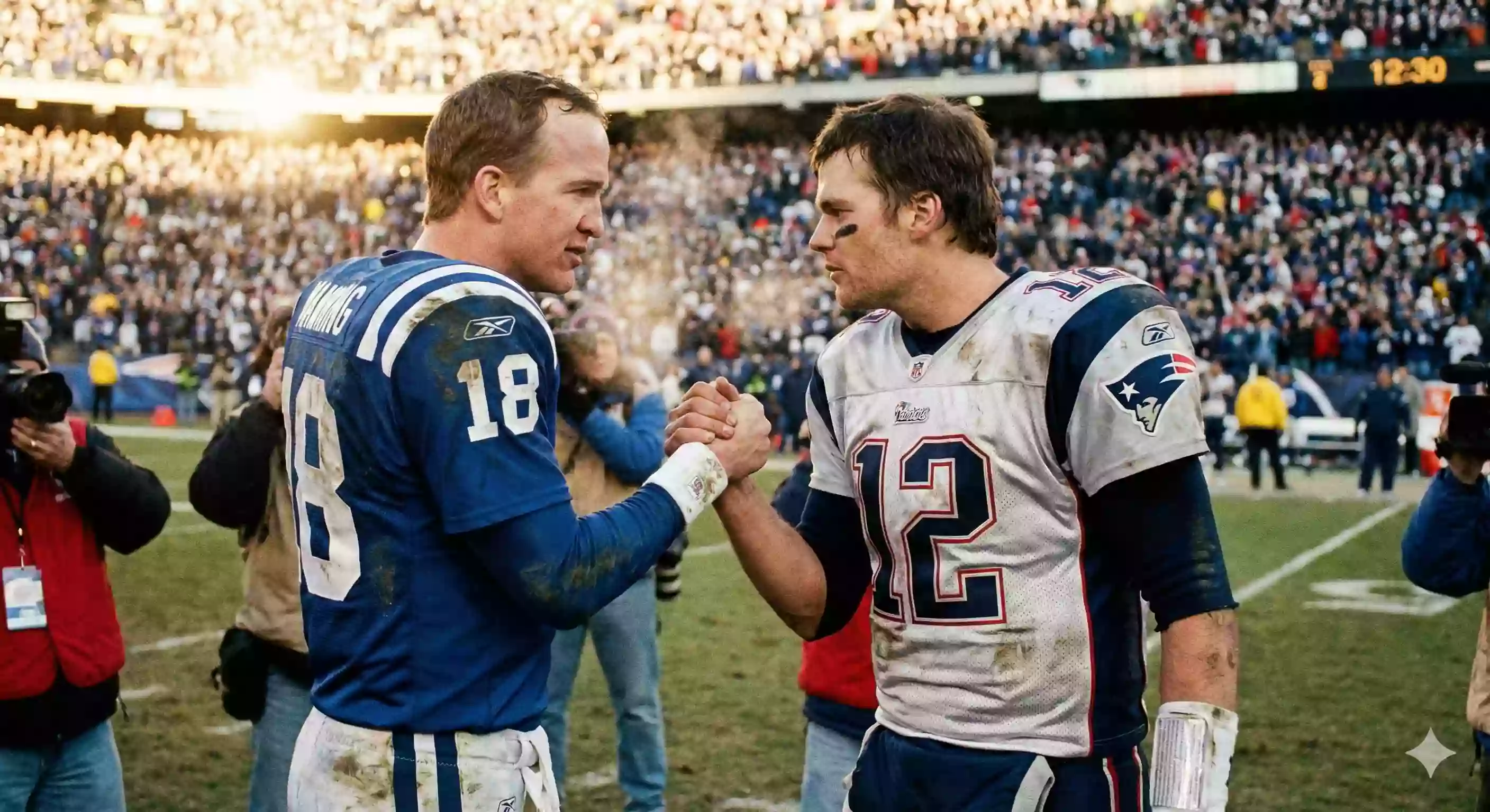 Two legendary quarterbacks shaking hands at midfield after a grueling playoff game