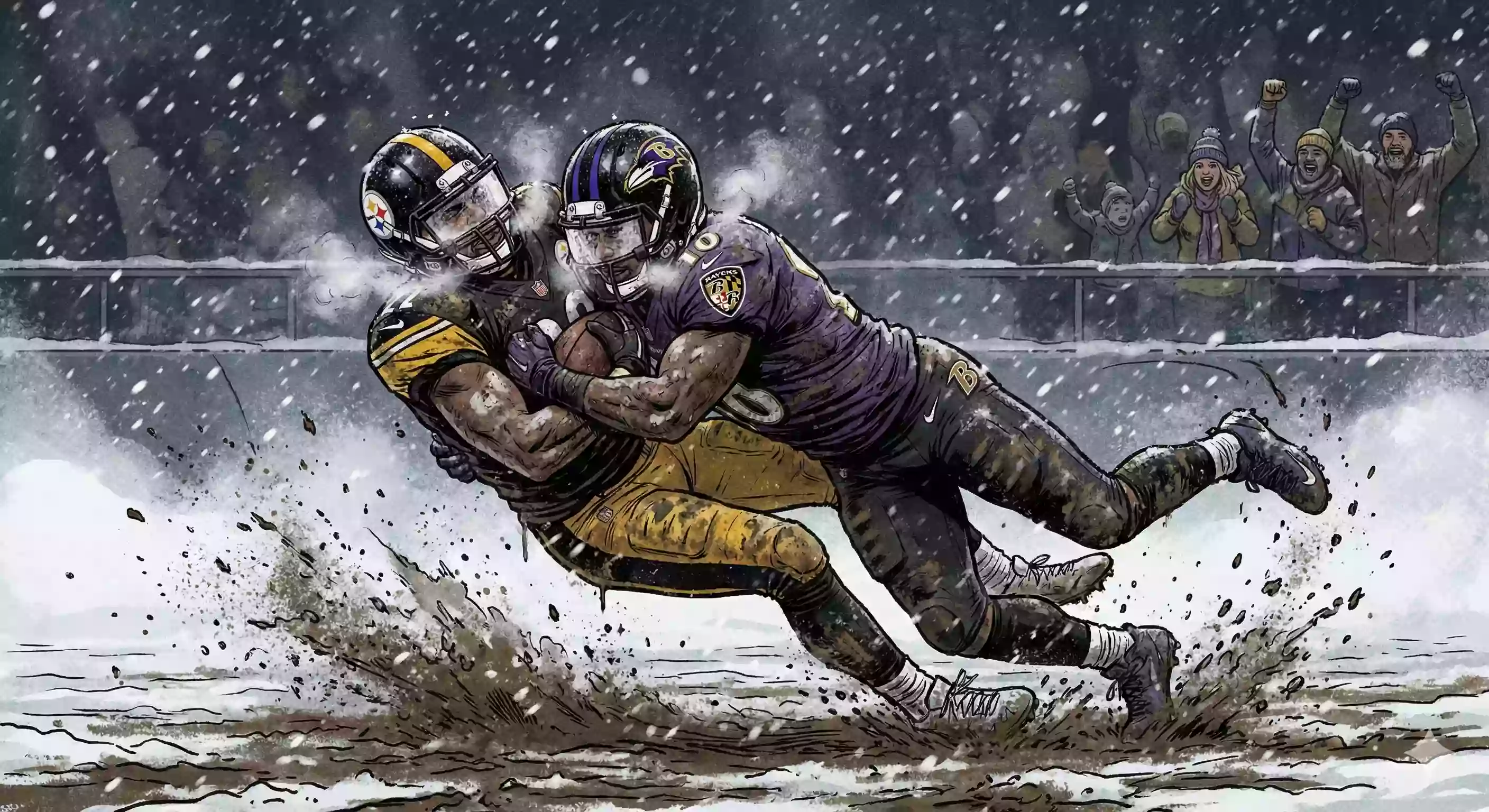 A muddy, hard-hitting tackle in the snow between two rival defensive players