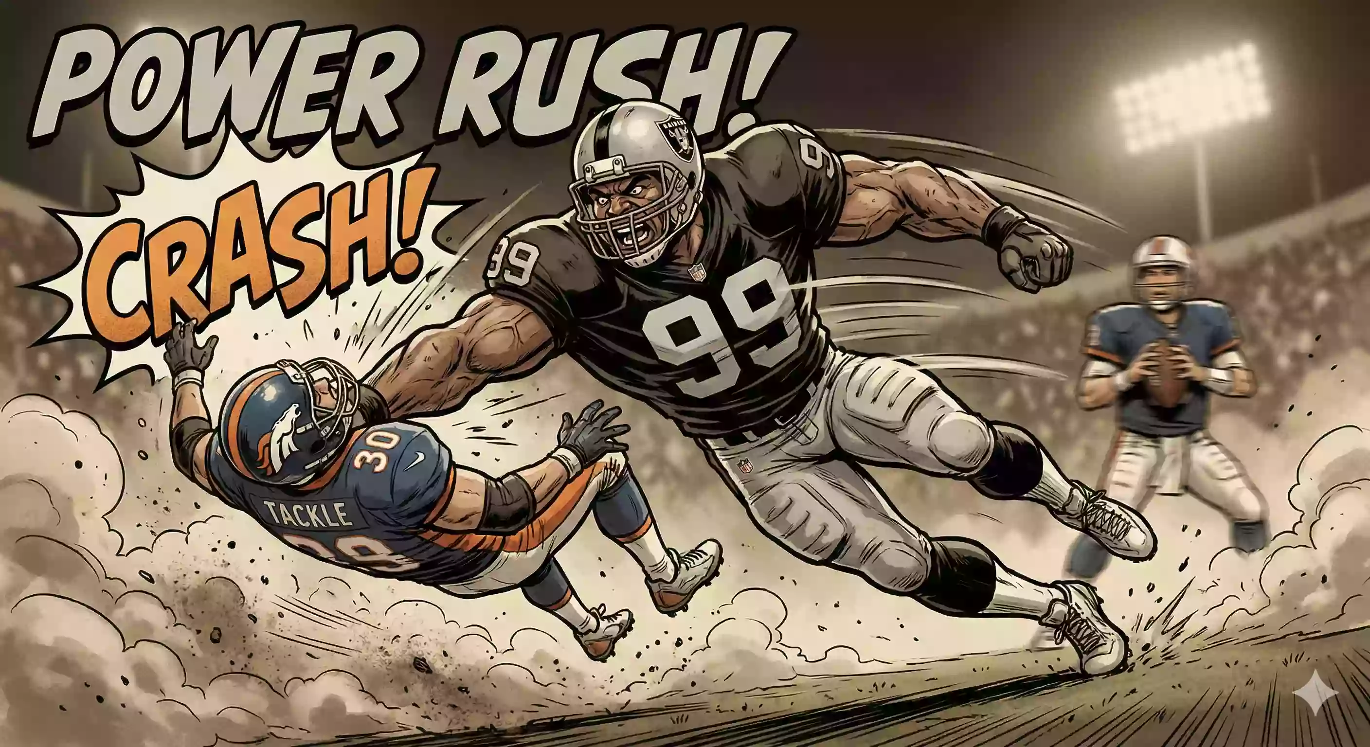 A massive defensive lineman throwing an offensive tackle to the ground to reach the quarterback