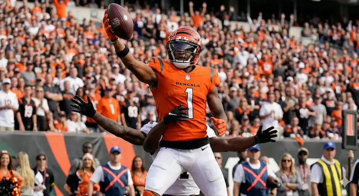 Illustration of a wide receiver catching a football in a crowded stadium