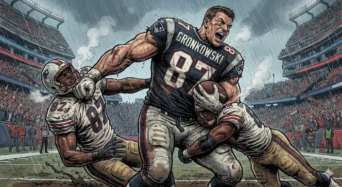 Dynamic illustration of a powerful tight end breaking tackles