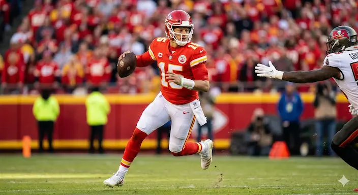 A modern NFL quarterback scrambling out of the pocket while looking downfield