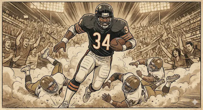 Illustration of a powerful running back breaking through a defensive line