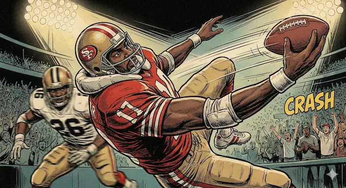 Illustration of a wide receiver in a classic 80s uniform catching a pass one-handed