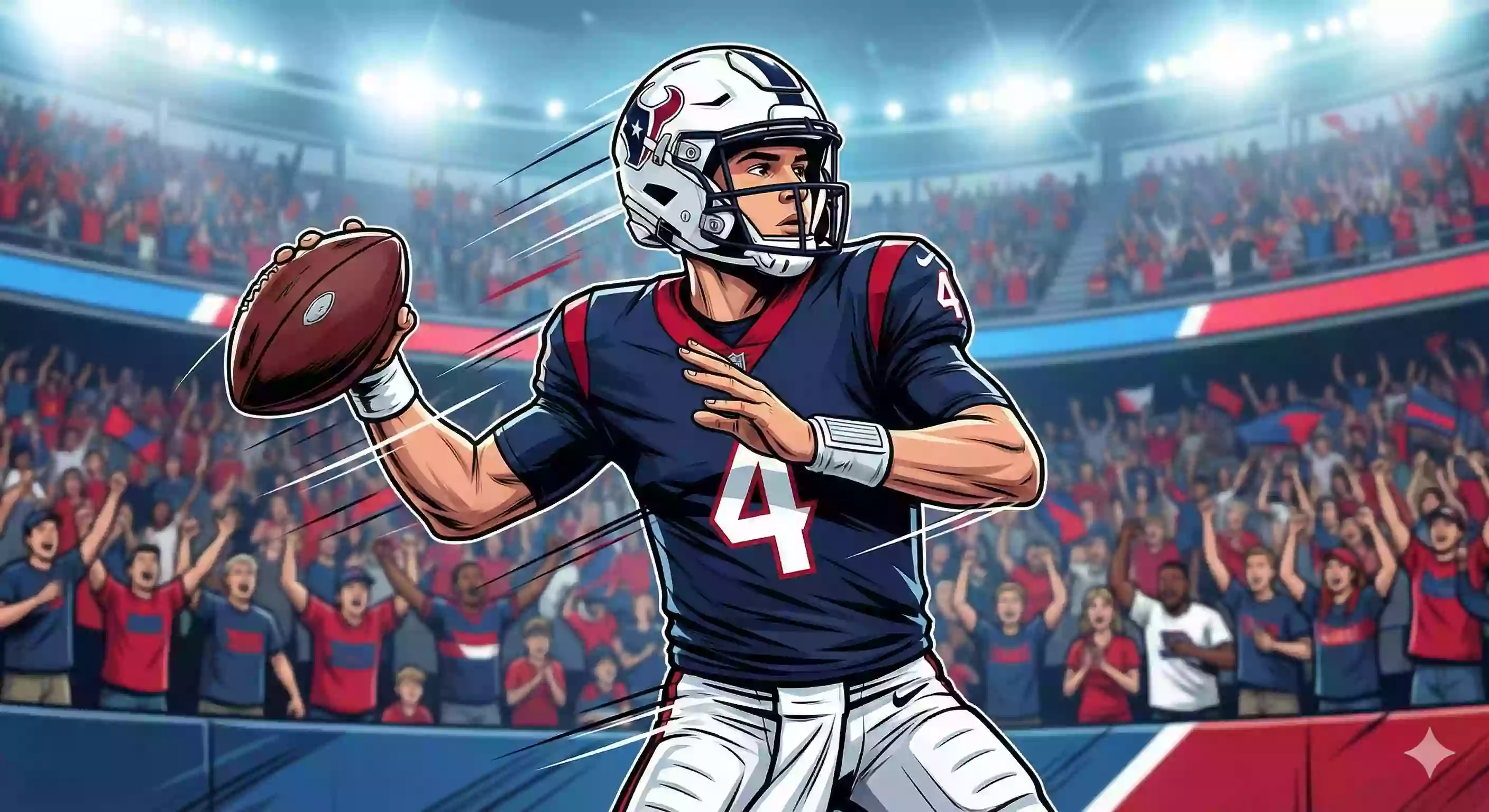 An illustration of a young quarterback in a Texans uniform winding up for a deep pass