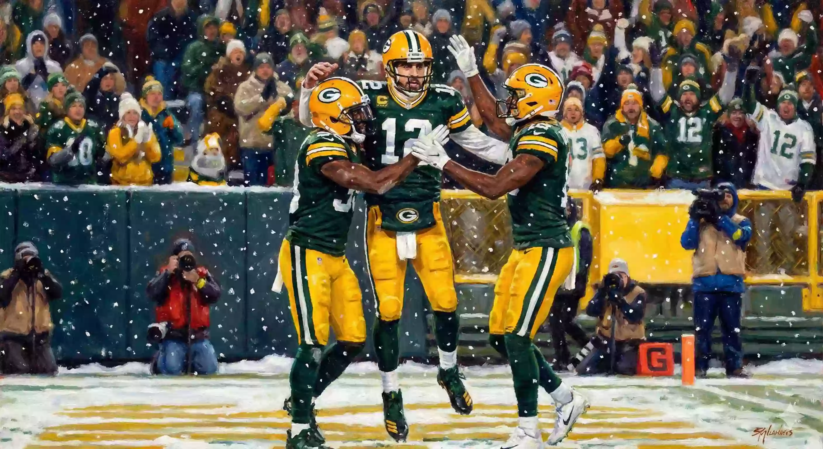 An illustration of a young Packers quarterback celebrating a touchdown with his receivers